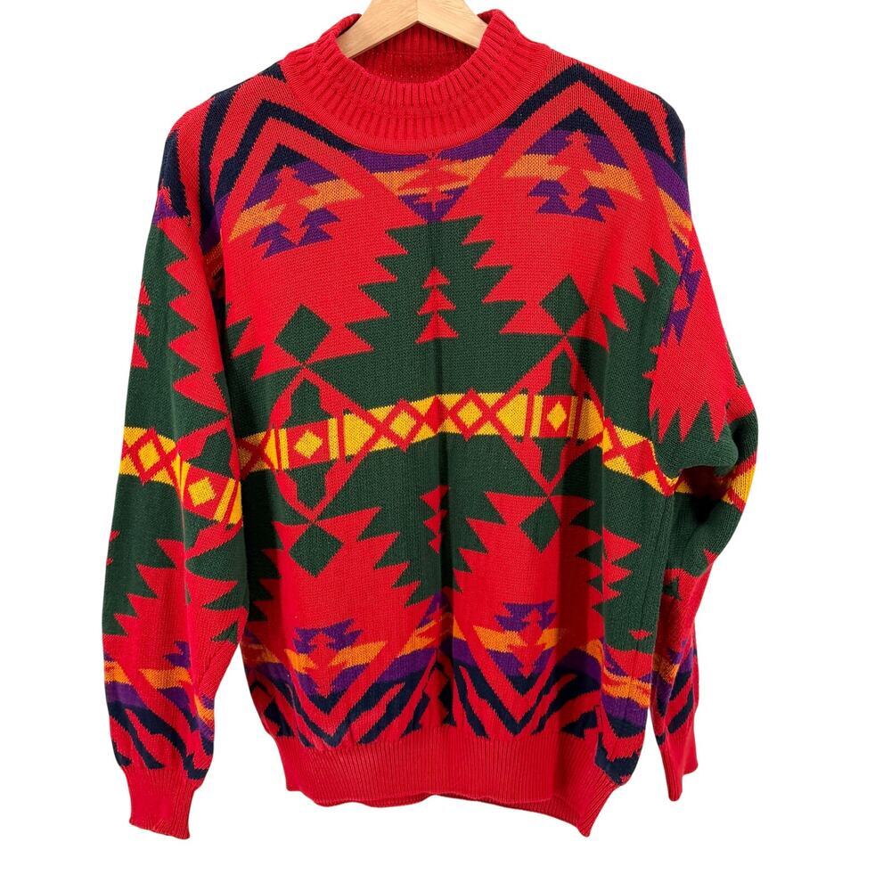 Vintage 80s United Colors of Benetton Red Green 100% Cotton Aztec Sweater